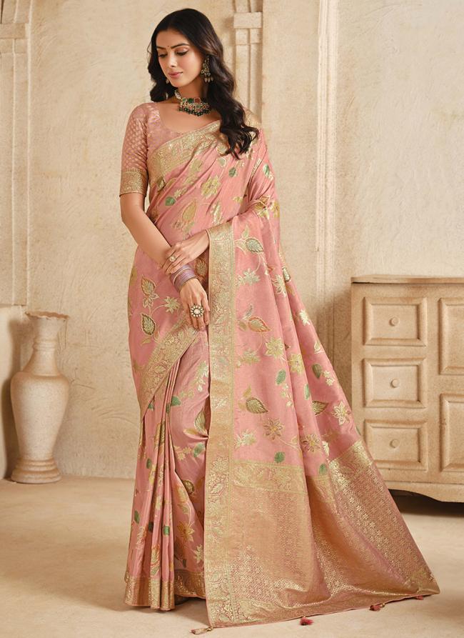 Silk Peach Wedding Wear Weaving Saree